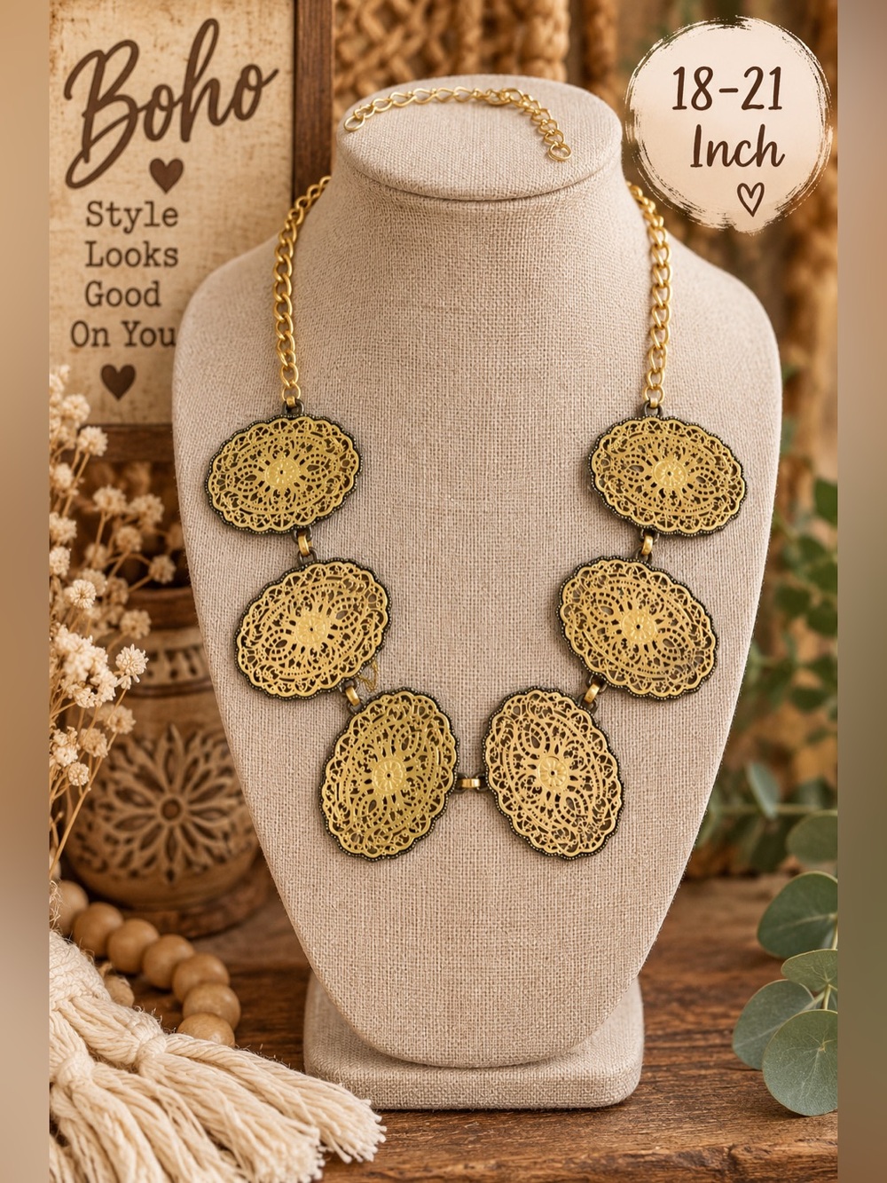 737 Gold Filigree Medallion Statement Necklace - Boho Chic